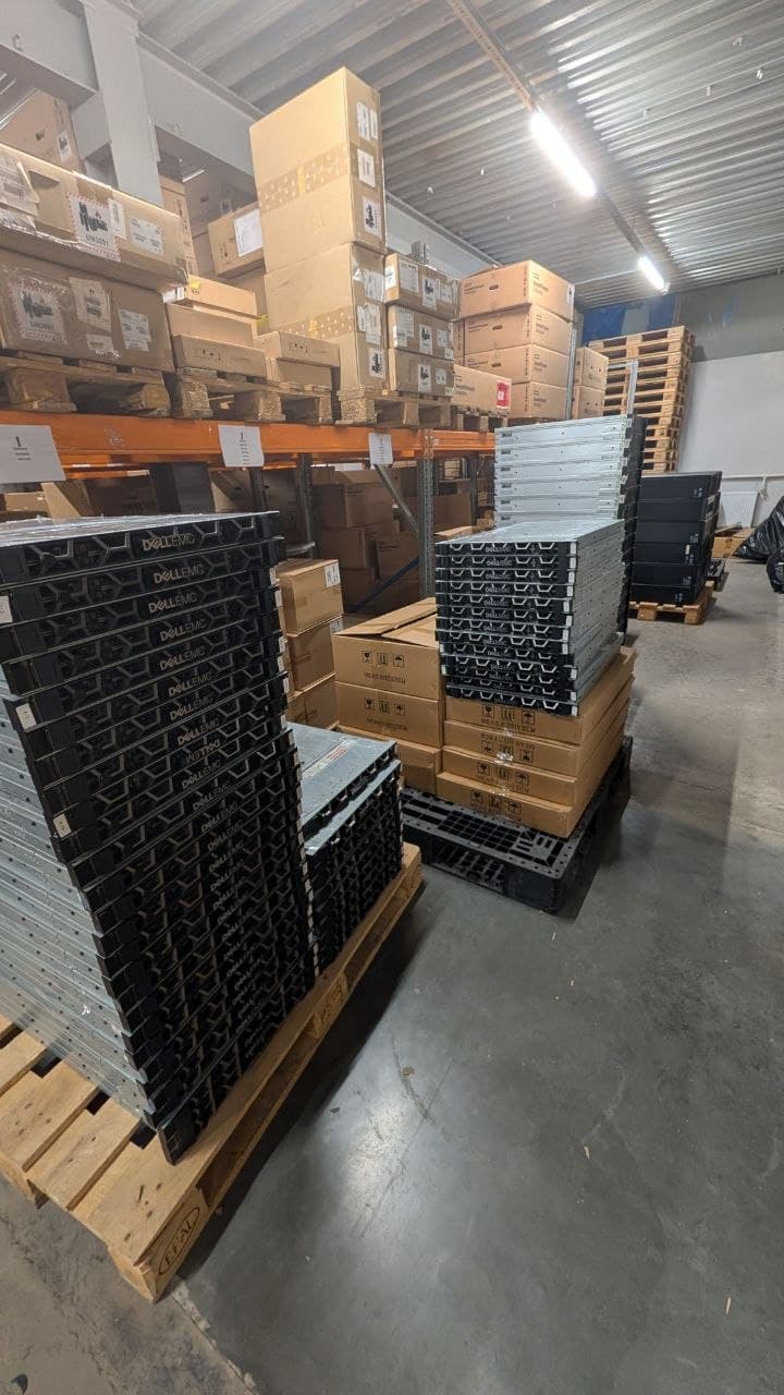 Dell EMC servers on pallets at our warehouse